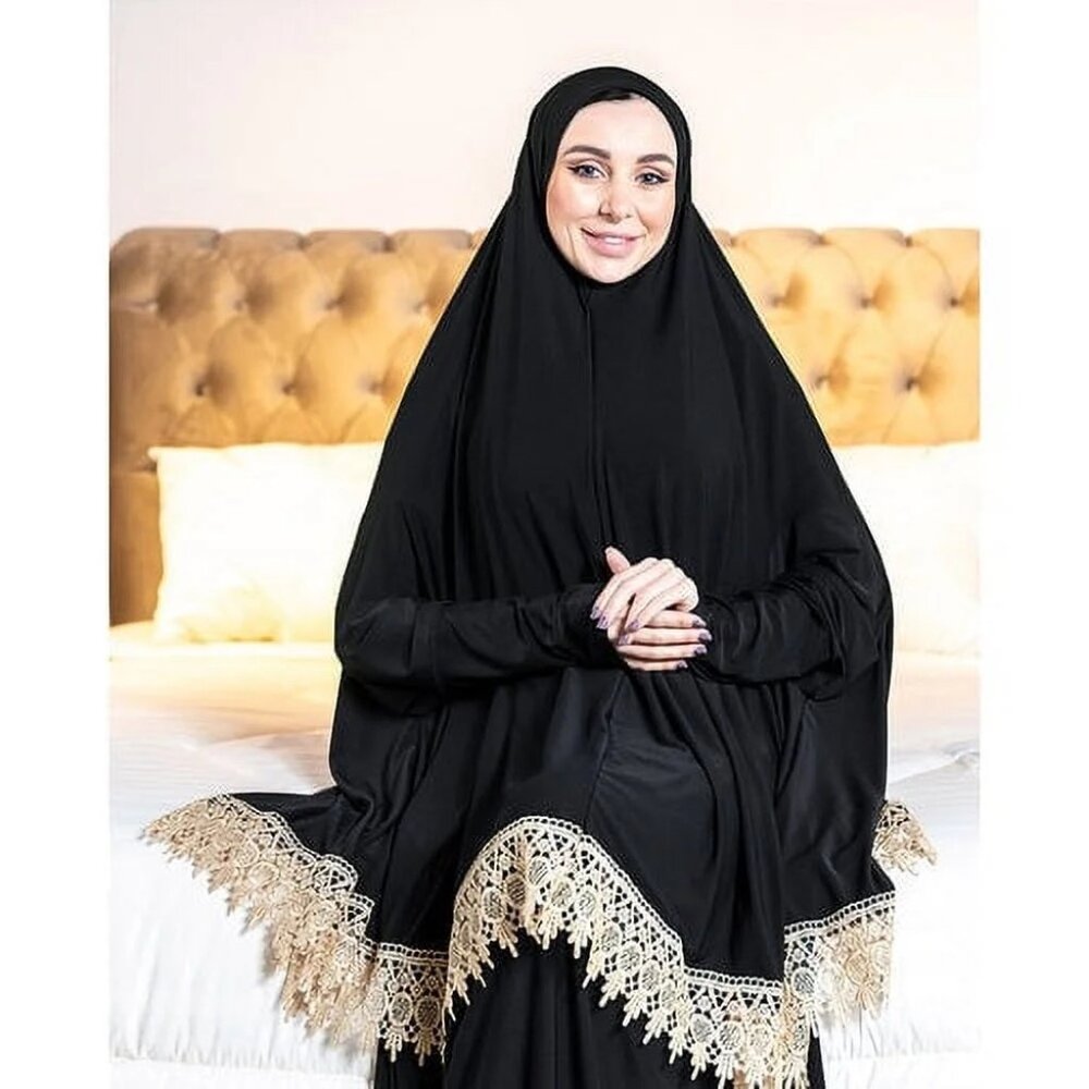 Women's L Prayer Dress 2 Pcs Pants&Head Cover Solid Color Long Sleeve Hijab Abay
